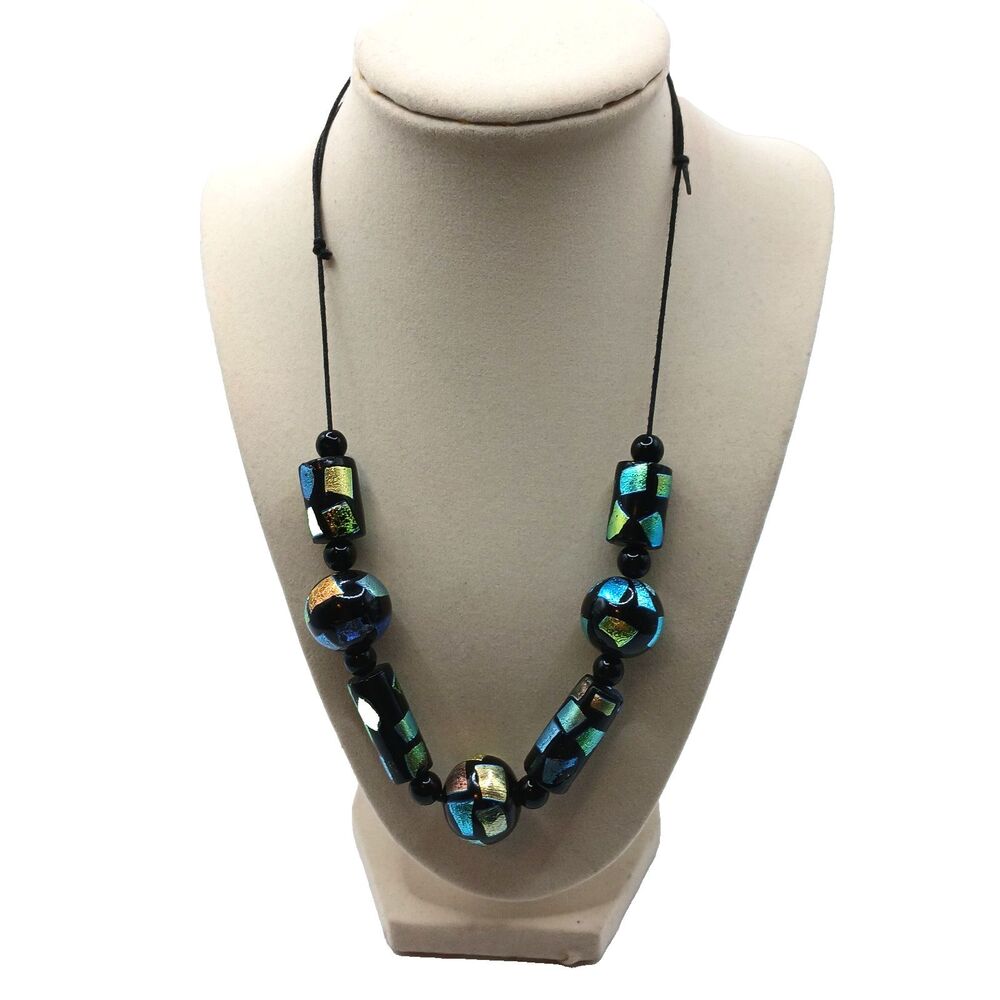 Blue Dichroic Art Glass Bead Necklace Adjustable 20" to 26" or Reuse Beads New